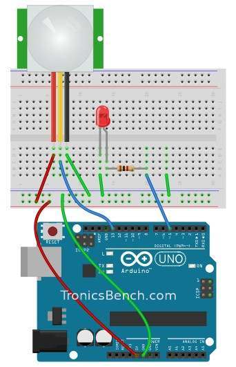 pir sensor layout showing arduino and solderless breadboard connections