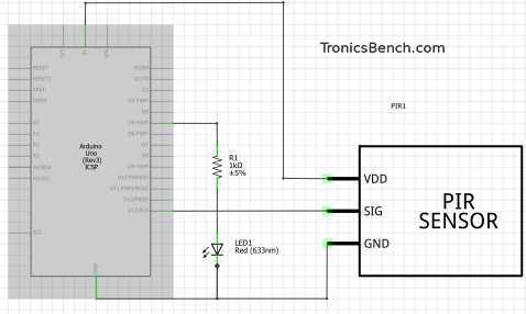 pir sensor schematic shown connections to arduino